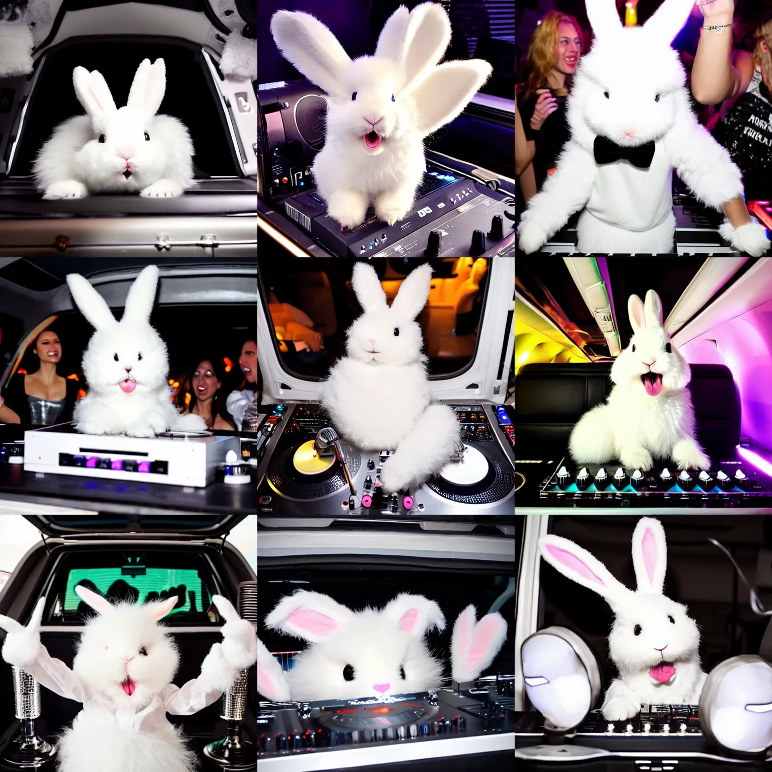 Prompt: super cute fluffy white bunny rabbit screaming in the back of a limo DJing with DJ turntables, photoreal