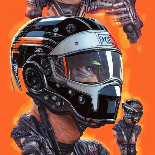 Prompt: a portrait of a monster, in an orange racing helmet by sandra chevrier, detailed render, epic composition, cybernetics, 4 k realistic, cryengine, realistic shaded lighting, sharp focus, masterpiece, by matteo scalera, gary montalbano, peter elson in the style of the tokyo ghost comic