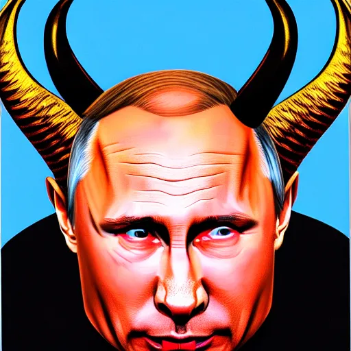 Image similar to portrait of vladimir putin in the form of a devil, with goat horns, red skin and a look of fear on his face