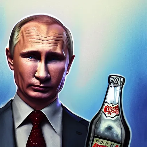 Image similar to putin holding a bottle of alcohol named arak, cinematic, beautiful digital painting, hyper detailed