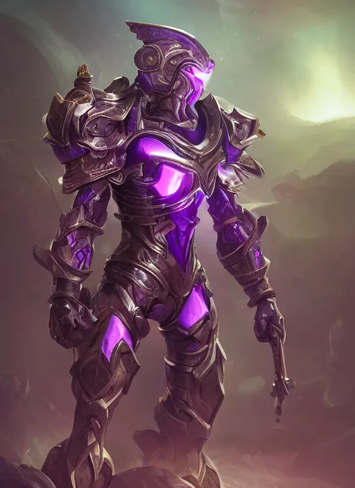 Image similar to a highly detailed illustration of fantasy cyber knight with machine gun arms, rigid bulky armor, purple glowing core in armor, dramatic standing pose, intricate, elegant, highly detailed, centered, digital painting, artstation, concept art, smooth, sharp focus, league of legends concept art, WLOP