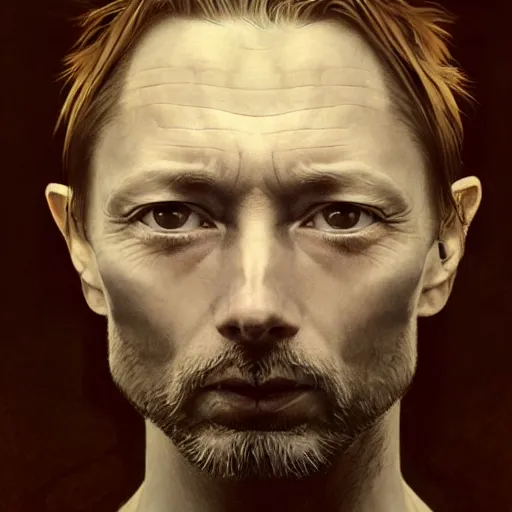 Prompt: hyper realistic portrait of smooth old thom yorke hairless, variations singer songwriter ok computer, ( side ) profile, liminal space, by lee bermejo, alphonse mucha and greg rutkowski, no beard, smooth face