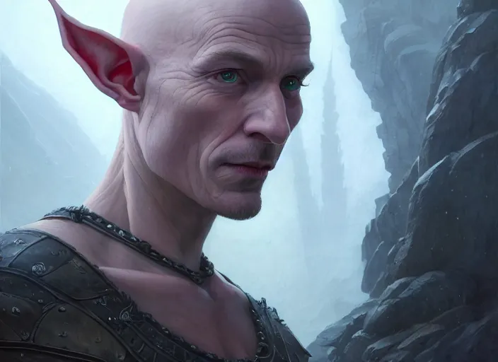 Prompt: highly detailed portrait of dominique mcelligott as a bald elf, in skyrim, stephen bliss, unreal engine, fantasy art by greg rutkowski, loish, rhads, ferdinand knab, makoto shinkai and lois van baarle, ilya kuvshinov, rossdraws, tom bagshaw, global illumination, radiant light, detailed and intricate environment