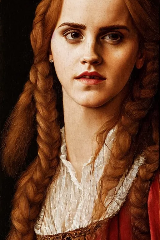 Image similar to stunning portrait of emma watson, oil painting by jan van eyck, northern renaissance art, oil on canvas, wet - on - wet technique, realistic, expressive emotions, detailed textures, illusionistic detail