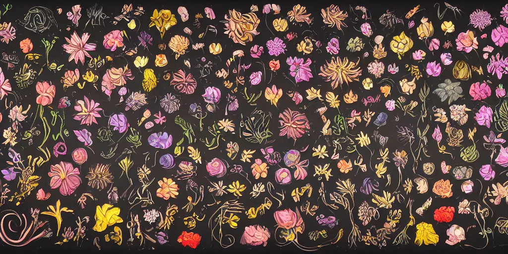 Image similar to reference sheet of unique lovecraftian flower on black background, in gouache detailed paintings, props, stylized, 2 d sprites, kitbash, 8 k, close up