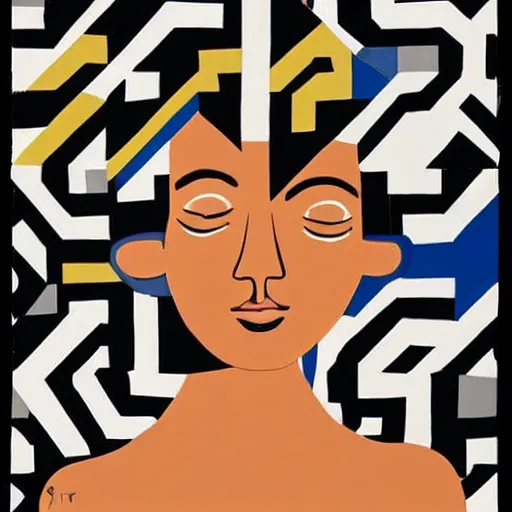 Image similar to a beautiful print. she has deeply tanned skin that makes me think of oort, an almond asian face and a compact, powerful body. by camille walala offhand, uneven