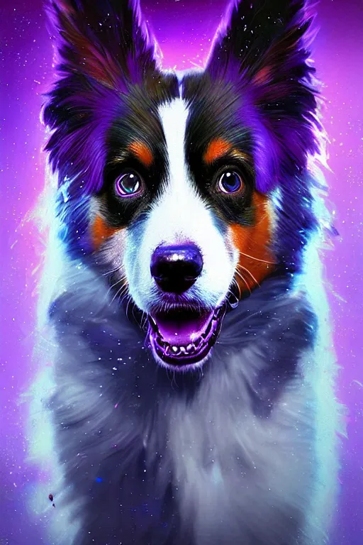 Image similar to a beautiful portrait of a cute cyberpunk australian shepard by greg rutkowski and wlop and sandra chevrier, purple blue color scheme, high key lighting, volumetric light, digital art, highly detailed, fine detail, intricate, ornate, complex, octane render, unreal engine, photorealistic