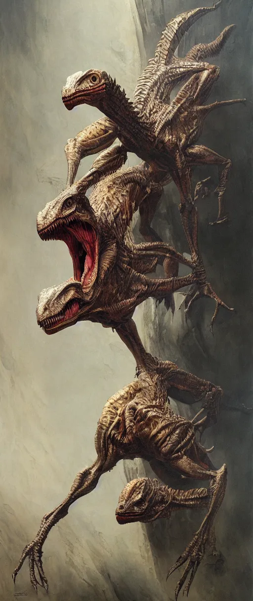 Prompt: beautiful oil clean painting of a biomechanical velociraptor by wayne barlowe, rembrandt, complex, stunning, realistic skin color, 4 k, high res, awardwinning, masterpiece, realistic lighting