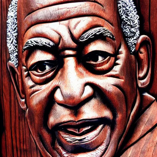 Prompt: detailed wood carving of bill cosby high resolution close up red wood.