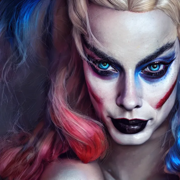 Image similar to portrait of Margot Robbie as a harley quinn. intricate abstract. intricate artwork. by Tooth Wu, wlop, beeple, dan mumford. octane render, trending on artstation, greg rutkowski very coherent symmetrical artwork. cinematic, hyper realism, high detail, octane render, 8k, iridescent accents