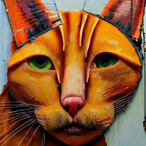 Image similar to close up of an orange tabby cat, front angle, by Lucian Freud and Jenny Saville and Anselm Kiefer, oil painting, rust, Scaffolding, rusted metal and sunflowers, iron cladding, decay, mixed media, textured, anatomically correct, beautiful perfect face, visible brushstrokes, sharp focus, Highly Detailed, Cinematic Lighting, 8k, HD