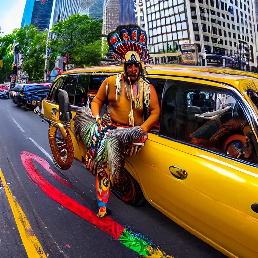 Prompt: wide angle 3 6 0 panoramic photo of an indigenous cholo shaman dressed with a quetzalcoatl feathered serpent riding a golden lowrider bike in manhattan
