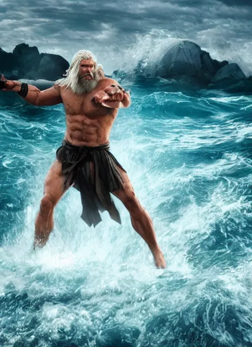 Image similar to rugged zeus in the ocean, god of thunder, greek god, white hair, masculine, powerful, handsome, upper body, white robe, in mortal kombat, splash art, movie still, cinematic lighting, dramatic, octane render, long lens, shallow depth of field, bokeh, anamorphic lens flare, 8 k, hyper detailed, 3 5 mm film grain