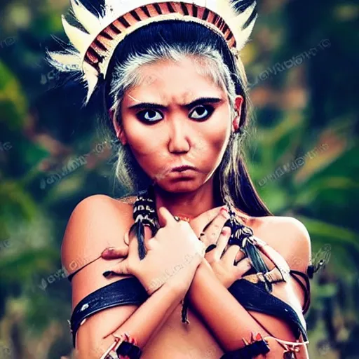Prompt: hot tribal warrior cute girl big eyes pouty lips tanned skin white hair