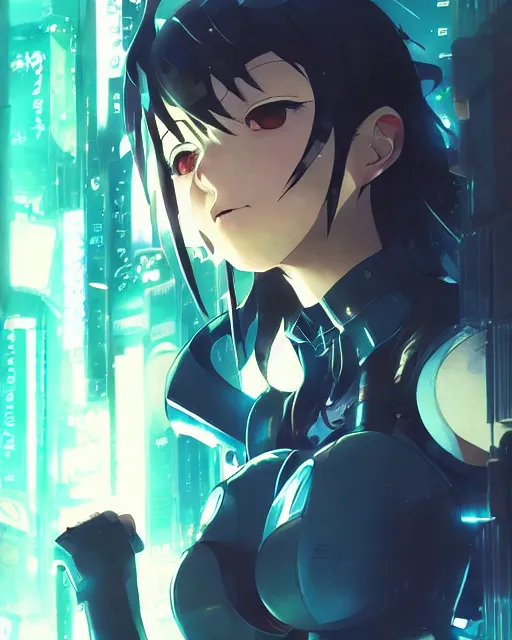 Image similar to portrait of anime girl in mechanic armor in night tokyo by makoto sinkai, my hero academia,cyberpunk, greg rutkowski, perfect face, fine details