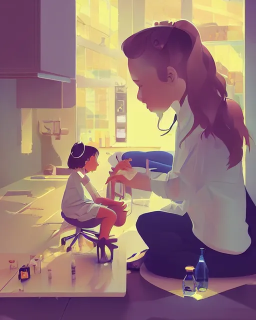 Image similar to a little girl is doing a science experiment. clean cel shaded vector art. minimalist illustration art by lois van baarle, artgerm, helen huang, petros afshar by makoto shinkai and ilya kuvshinov, rossdraws