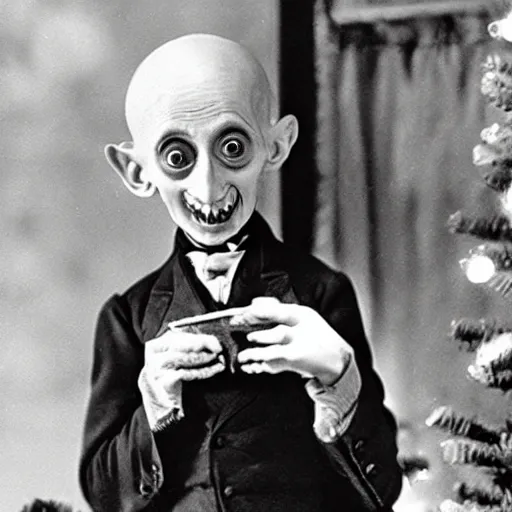 Image similar to adorable count orlok opening presents on christmas, vintage photograph, 4 k