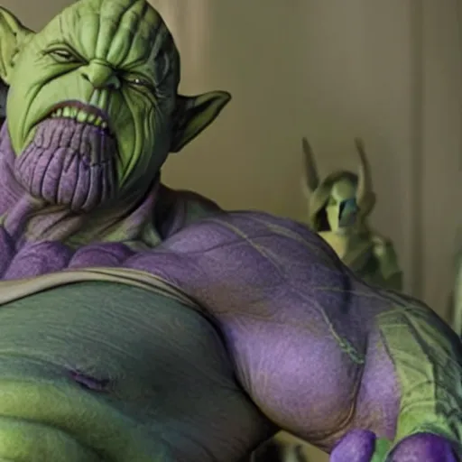 Image similar to photo of thanos sleeping in bed next to yoda