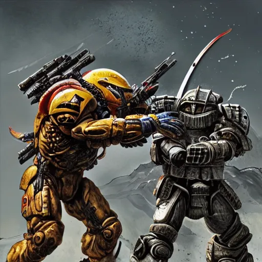 Image similar to The Predator fighting a Space Marine, intense combat, high detail, desolate landscape, Jung Gi Kim style, trending, masterpiece, high resolution, hand to hand combat