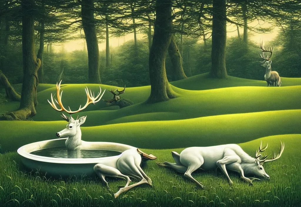 Image similar to hyper detailed 3d render like a Oil painting - white stag drinking from a small pool in a peaceful lush meadow, by Jacek Yerka, Mariusz Lewandowski, Houdini algorithmic generative render, Abstract brush strokes, Masterpiece, Edward Hopper and James Gilleard, Zdzislaw Beksinski, Mark Ryden, Wolfgang Lettl, hints of Yayoi Kasuma, octane render, 8k