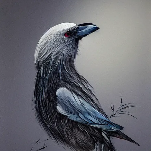 Image similar to a silver feathered partially wireframed jackdaw, with a fine paintbrush in it's beak, creating artwork on canvas, by leesha hannigan, ross tran, thierry doizon, kai carpenter, ignacio fernandez rios