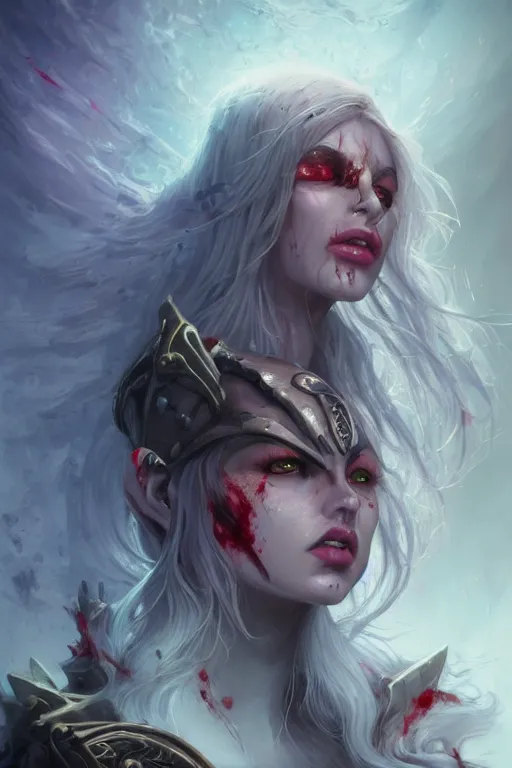 Image similar to face closeup beautiful girl necromancer covered in blood, wizard of the coast casting magic spell, angel, magic storm and thunder clouds, fantasy, magic the gathering, hyper detailed, 3 d render, hyper realistic detailed portrait, peter mohrbacher