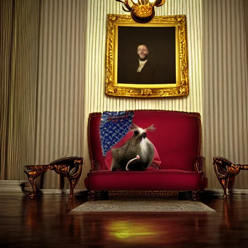 Image similar to A rat siting on a throne in the white house. Cinematic lighting, bright colors.