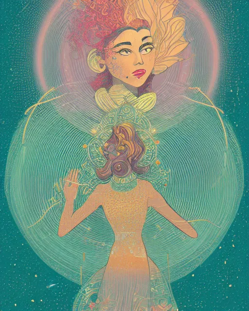 Prompt: Celestial Genie, retro illutration in the style of victo ngai