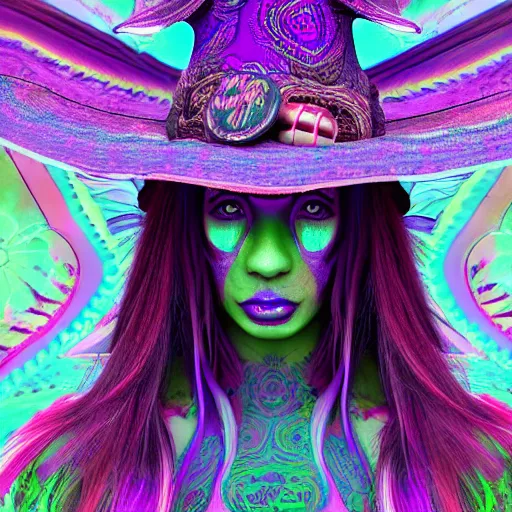 Image similar to psychadelic witch with a witch hat, hyper detailed, flowing psychadelic background intricate and detailed, 8 k, octane render