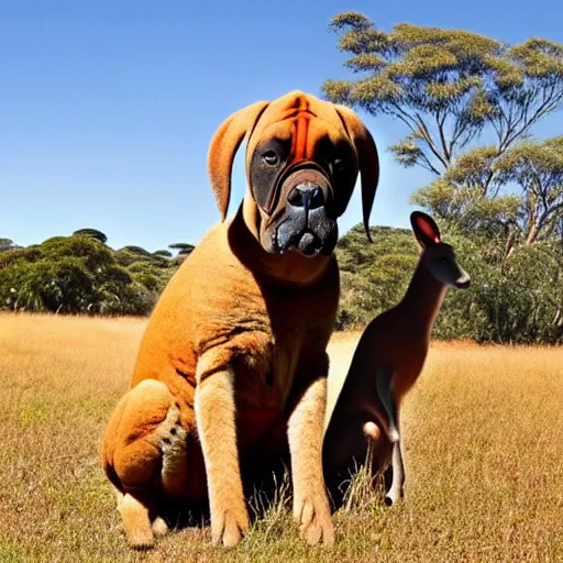 Image similar to boerboel in a field, kangaroo in the background, detailed, intricate