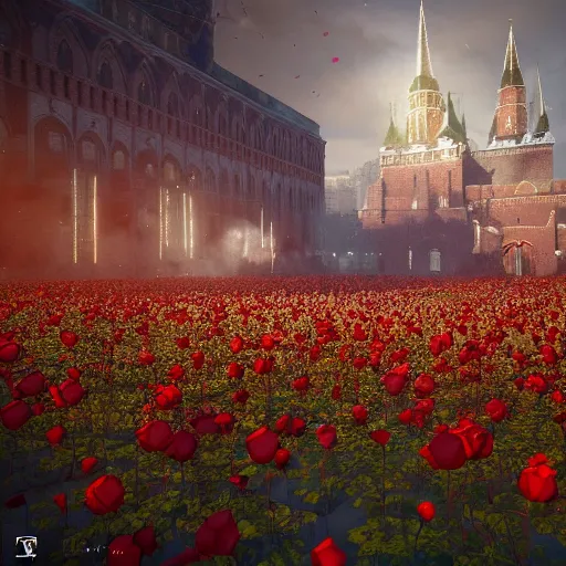 Prompt: huge explosions in the form of white cotton plants in Red Square Kremlin, beautiful dynamic lighting, cinematic, extremely high detail, photo realistic, cinematic lighting, post processed, concept art, artstation, matte painting, unreal engine 8k