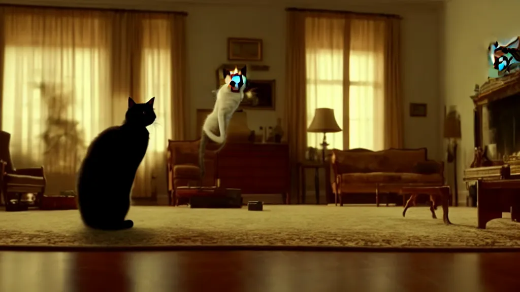 Image similar to an average american cat in the living room, film still from the movie directed by Denis Villeneuve with art direction by Salvador Dalí, wide lens