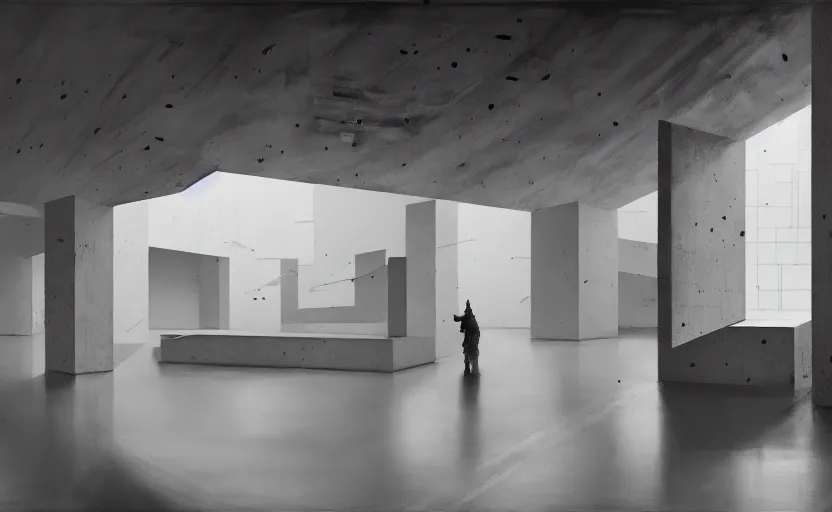 Image similar to painting of interior shot of a white concerete brutalist contemporary art museum with abstract colourful paintings hanging on the wall by darek zabrocki and greg ruthkowski, cinematic and cold atmospheric, archillect concept art, artstation, trending on artstation