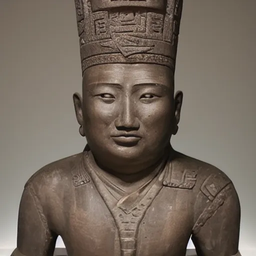 Prompt: headshot kim jong ill as an ancient aztec statue