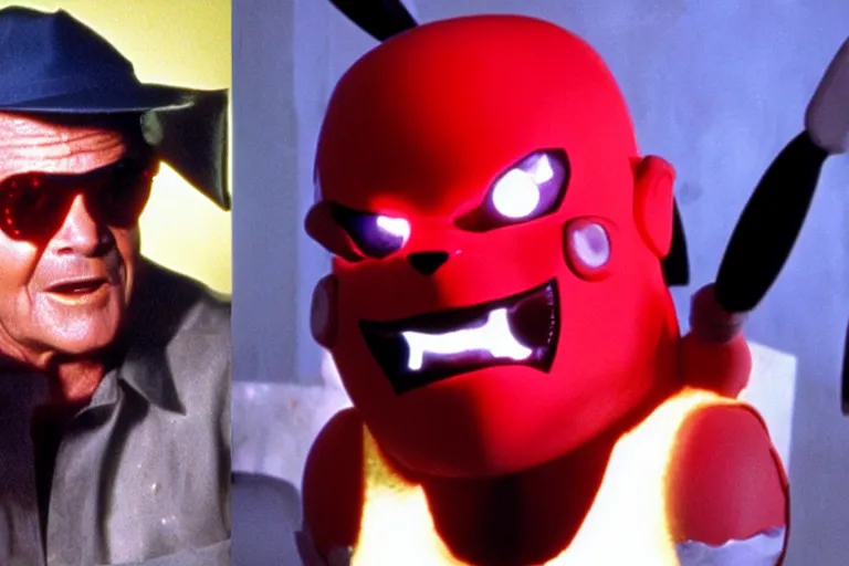 Image similar to Jack Nicholson plays Pikachu Terminator, his endoskeleton gets exposed and his eye glows red