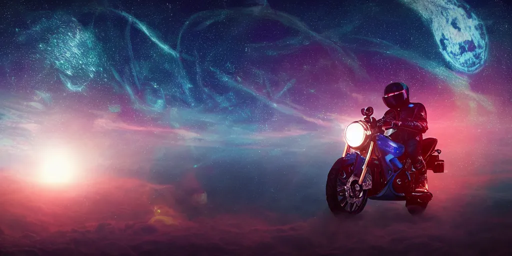 Prompt: high detail photo of a deserted, iridescent color, yamaha motorcycle floating in space inside magic colorful glowing sparkling fog, circular planet behind it, starry sky, tranquil, desolate, atmospheric, hazy, autochrome, 8k, reflections, octane render, unreal engine 5