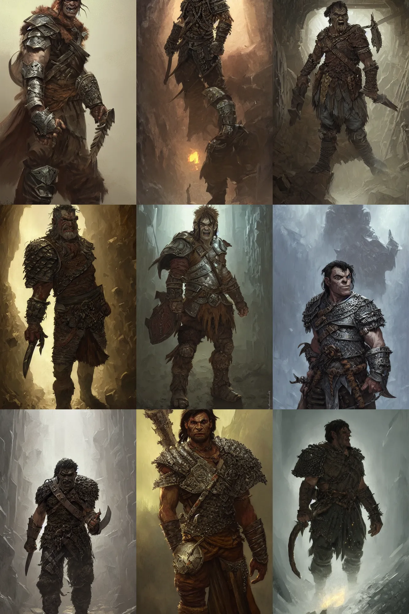 Prompt: a ruggedly handsome half - orc fighter with short brown hair wearing chain mail armor exploring a dark basement, fantasy, highly detailed, digital painting, artstation, concept art, character art, art by greg rutkowski and tyler jacobson and alphonse mucha