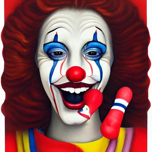 Prompt: portrait of a female birthday clown, painted by Trevor brown