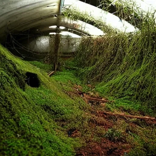 Prompt: abandoned, overgrown, underground bunker, room with mutated sundew plants, beautiful, underground