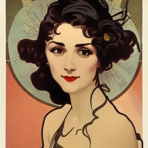 Prompt: young female musician, dark hair, 1 9 4 0 s fashion,, highly detailed, intricate, smooth, art by alphonse mucha