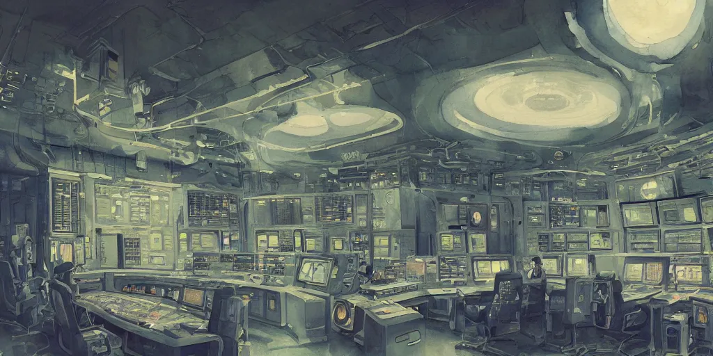 Prompt: a beautiful insanely intricate watercolor illustration of modern nuclear power station control room, reflexions, colorfull, by william turner art, by greg rutkowski, by james jean, by rossdraws, by frank franzzeta, by sakimichan, by edmund dulac, trending on artstation, insanely detailed, masterpiece,