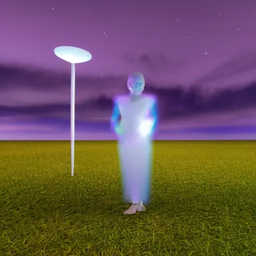 Prompt: A Samoan in futuristic clothing standing on a translucent podium in the middle of a vast field at night.