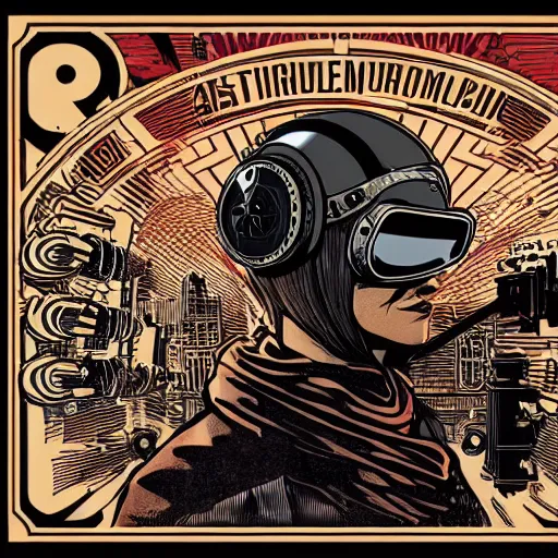 Image similar to Illustrated by Shepard Fairey and H.R. Geiger | Steampunk Mad Max with VR helmet, surrounded by cables