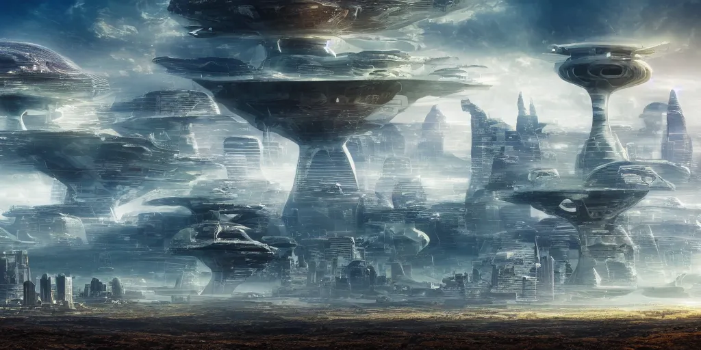 Prompt: futuristic landscape with a city and aliens, surrealistic, 8 k, highly detailed, digital photography,