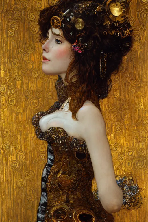 Prompt: beautiful young maiden, steampunk, highly detailed, artstation, illustration, art by Gustav Klimt