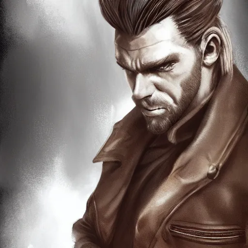 Image similar to portrait of a muscular, grim, ponytail haired blonde man in his late 30's, wearing a thick brown leather coat, looking to his side, hunter, DnD character, fantasy character, dramatic lighting, high detail, black and white digital art by Ruan Jia, Ilya Kuvshinov