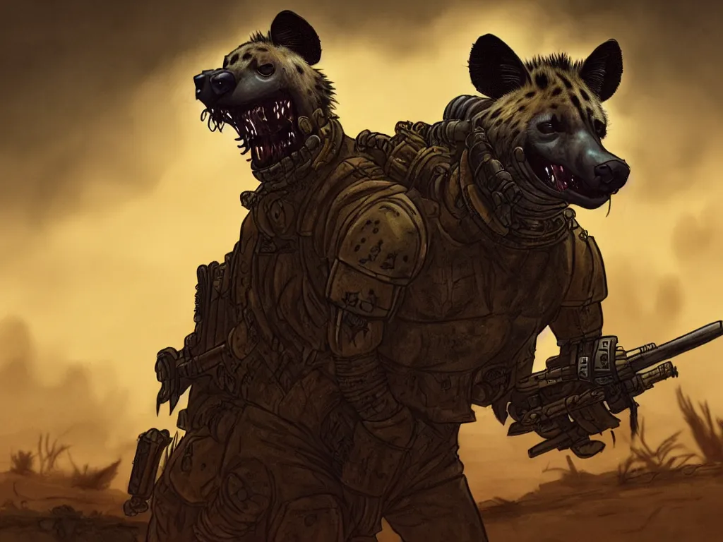 Image similar to a good ol'hyena fursona ( from the furry fandom ), heavily armed and armored facing down armageddon in a dark and gritty version from the makers of mad max : fury road. witness me.