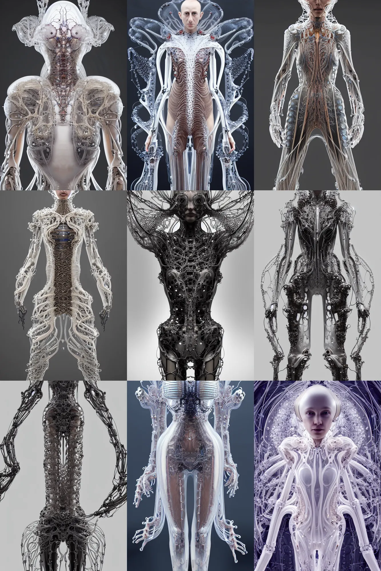Prompt: iris van herpen baroque magnificent dress, perfect symmetrical body, helmet on face, full body shot, inflateble shapes, wires, tubes, veins, jellyfish, white biomechanical details, wearing epic bionic cyborg implants, masterpiece, intricate, biopunk, vogue, highly detailed, artstation, concept art, cyberpunk, octane render