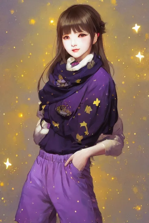 Image similar to Full View portrait of Eunha from Viviz and gFriend with short hair wearin purple overall shorts, short puffy pants, white tights covered in stars, Golden Ribbon, and a billowy scarf making a cute pose. masterpiece 4k digital illustration by Ruan Jia and Mandy Jurgens and Artgerm and greg rutkowski, award winning, Artstation, art nouveau aesthetic, Alphonse Mucha background, intricate details, realistic, panoramic view, Hyperdetailed, 8k resolution, intricate art nouveau