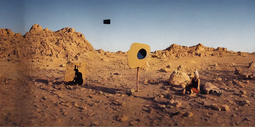 Prompt: levitating woman with full - face golden mask in a dry rocky desert landscape, visible sky and sunny atmosphere, fata morgana and giant square mirrors by alejandro jodorowsky, anamorphic lens, kodakchrome, practical effects, masterpiece, 8 k